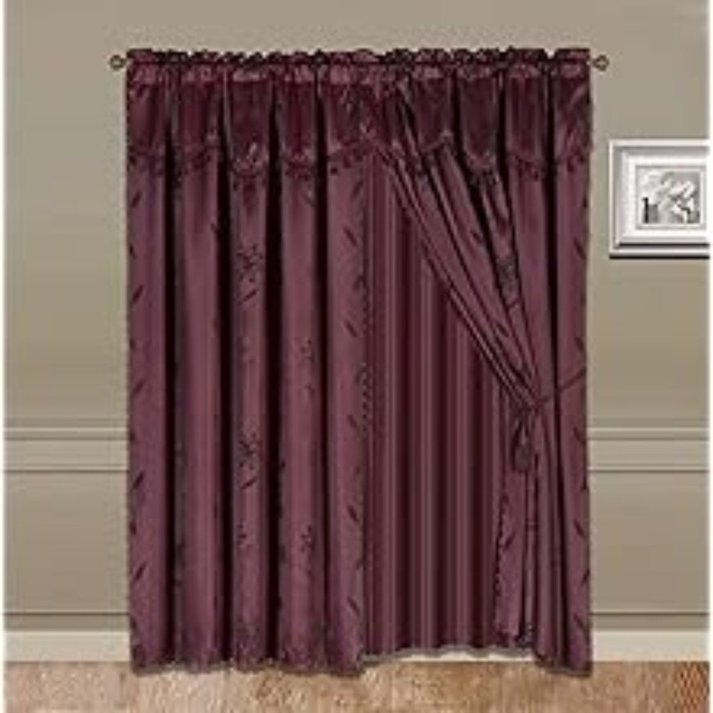 NWT 2pc BURGANDY Faux Damask Attached Valance wSheer Backing Rod Pocket Curt Set